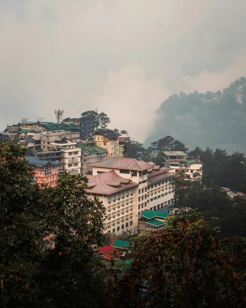 Gangtok town on a misty hillside in Sikkim