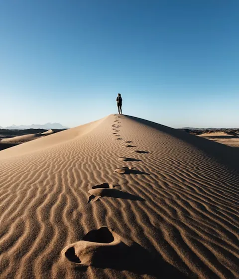 Footprints leading up a golden sand dune to a lone traveller