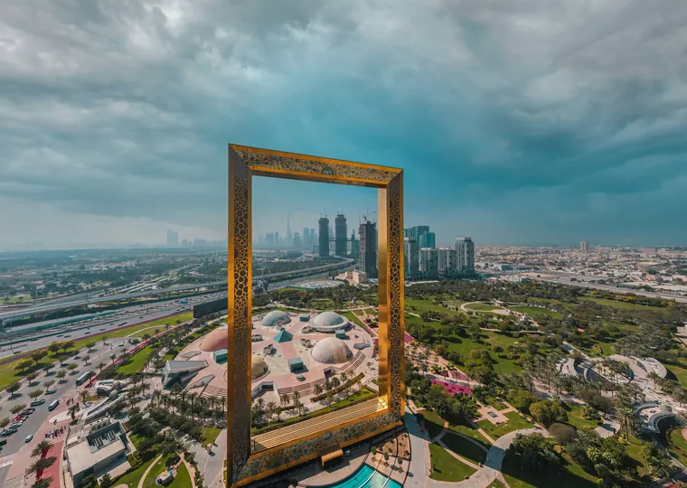 The Dubai Frame and city skyline from above