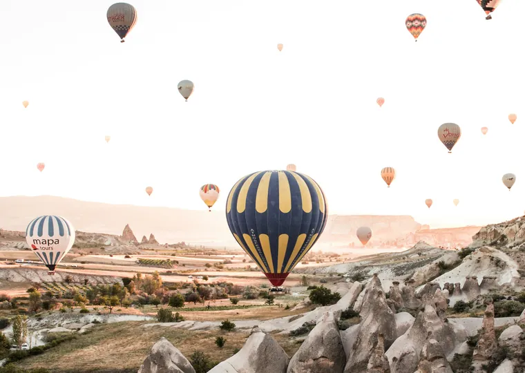 Hot air balloons over the fairy chimneys of Cappadocia, Turkey